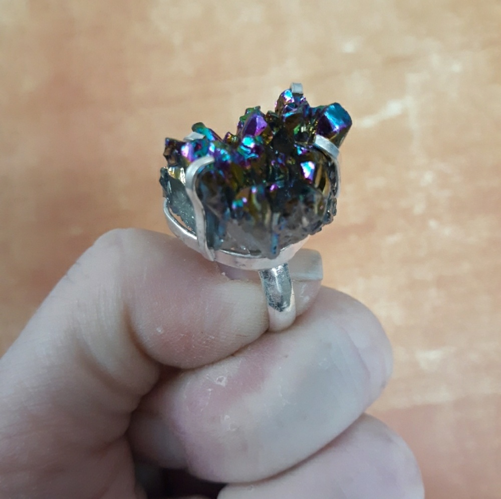 New Titanium Druzy 925 Silver Ring.